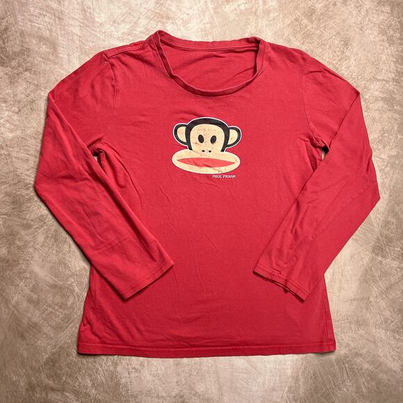 Paul Frank Red Long Sleeve Monkey Graphic T-Shirt Fitted Y2K 2010 Round Neck - Picture 1 of 6